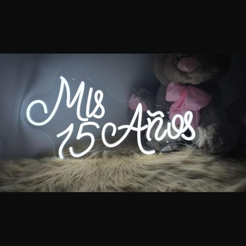 Image of Mis 15 Anos Neon Light Custom 15th Birthday Party Led Neon Light Signs Decor, Mis Quince Party Wall Decor, Sweet 15 Quinceanera Party Sign Gifts - for Her. Size:19.5x10inch- USB Powered (White)