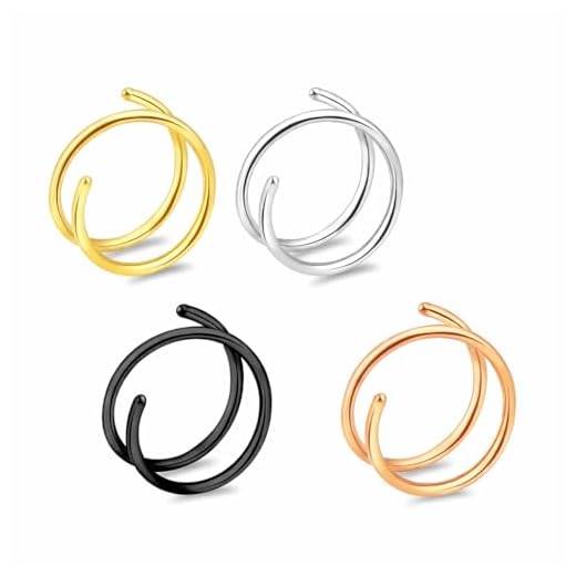 Double Hoop Nose Ring for Single Piercing,20G Snug Spiral Nose Rings Hoops 8mm Thin Twist Nose Piercing Jewelry for Women Men(Left Side 4PCS 8mm)