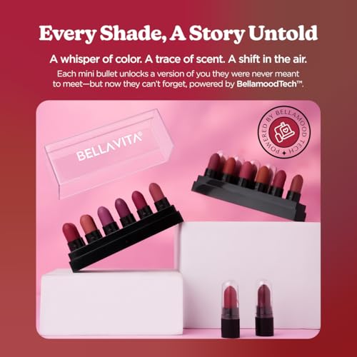 Image of BELLAVITA POUT POPS - A Dozen Secrets | Set of 12 Mini Bullet Lipsticks | BellamoodTech Fragrance | Bold Reds, Nudes & Browns | Creamy, Silky Texture | Long-Lasting, Blendable & Buildable | Travel-Friendly Lipsticks | FDA-Approved, USA Formula | Hydrating, Lightweight Lip Makeup | All Skin Types | 16.8g
