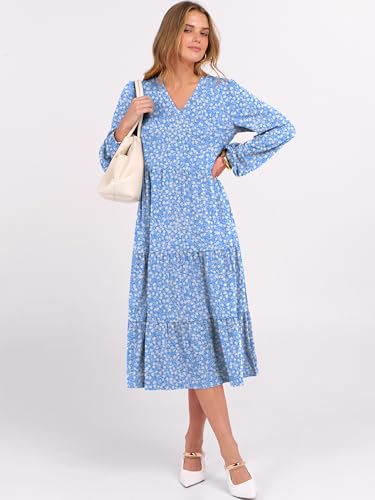 Image of ANRABESS Women's Long Lantern Sleeve Floral Midi Dresses 2026 Fall V Neck Casual Flowy A-line Tiered Boho Vacation Dress