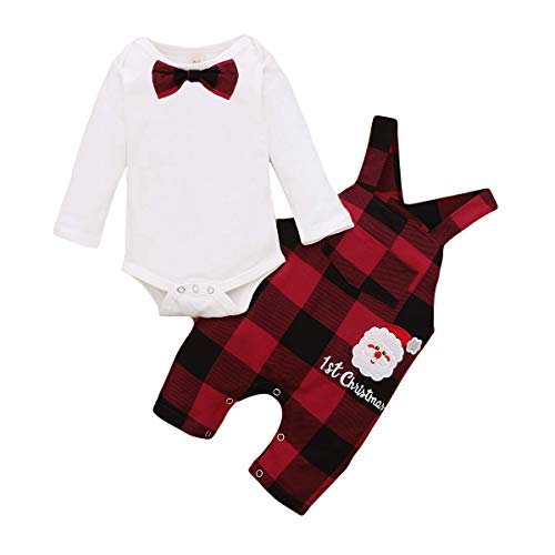 Xuuly Baby Boy Girl Merry Christmas Outfits - Hat, Tie, Romper, Santa Plaid Striped My First Christmas (12-18 Months)