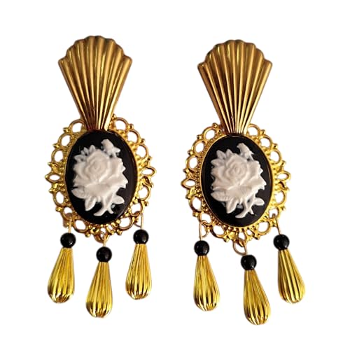 Pendientes de flamenca negros camafeos con 3 lágrimas (7 cm)