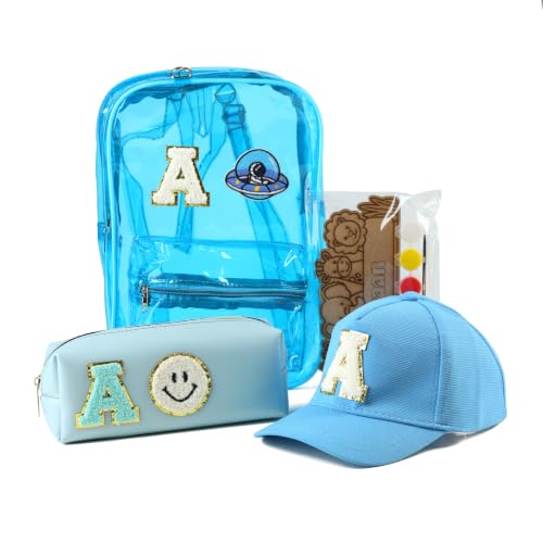 Image of AICA Gifts Personalized Kids Backpack, Pencil Pouch & Cap Combo | Name Embroidered Letters & Patch PVC Bag | Waterproof School Set with DIY Colouring Kit for Boys & Girls 2-10 Years (Babyblue)