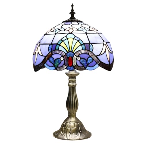 BLUE 12 Inches Tiffany Style Table Lamp,Blue Stained Glass Lamp, Vintage Lamp for Bedroom,Living Room,Home Office（Including 2 LED Bulbs）