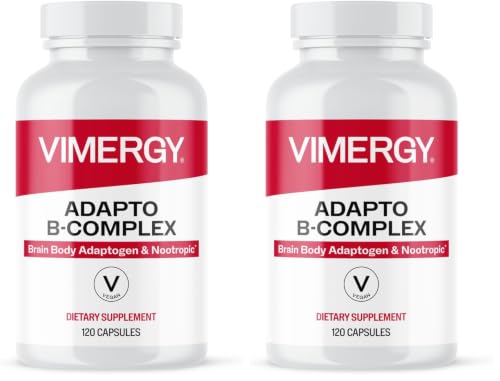 Image of Vimergy Adapto B Complex, 120 Servings - High Potency with 8 B Vitamins, Rhodiola & Hawthorn Berry - Supports Mental Energy, Cognition, Mood - Non-GMO, Kosher, Vegan, No Gluten, No Soy (Pack of 2)