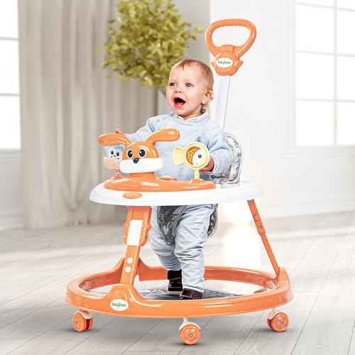 Image of Baybee Bunny Pro 2-in-1 Baby Walker for Kids with Push Handle, 2-Level Height Adjustment, Mat & Musical Toy Bar | Activity Push Walker for Babies 6-18 Months (Orange)