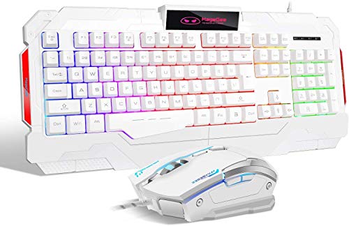 PC Gaming Keyboard and Mouse Combo, GK806 LED Rainbow Backlit USB Keyboard and Mouse Set, G7 Gaming Mouse and Keyboard 104 Key Computer PC Gaming Keyboard with Wrist Rest-White (Renewed)