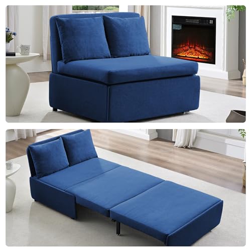 Image of BALUS 43 inch W Twin Size Sleeper Couch Bed Pull Out Sofa with Pullout Beds, 2 in 1 Convertible Linen Single Sleepers Sofas Chair with Foldable Mattress and Pillows for Small Space Apartment, Blue