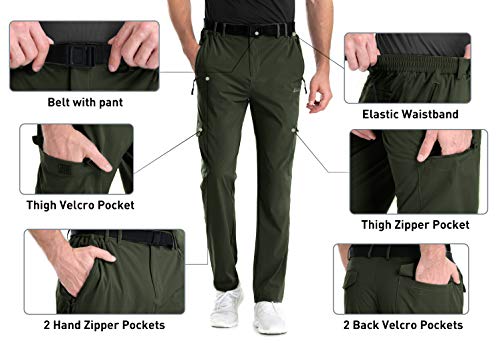 Clothin Men's Elastic-Waist Travel Pant Stretchy Lightweight Pant Multi-Pockets Quick Dry Breathable(Moss L-32) #TOP4