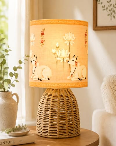 Image of Homesake Handwoven Rattan Table Lamp with Pichwai Art Printed Fabric Shade, Decorative Raffia Oval Bedside Lamp, Boho Cane Table Lamp with E27 Holder & Bulb Included, Living Room & Bedroom Home Decor
