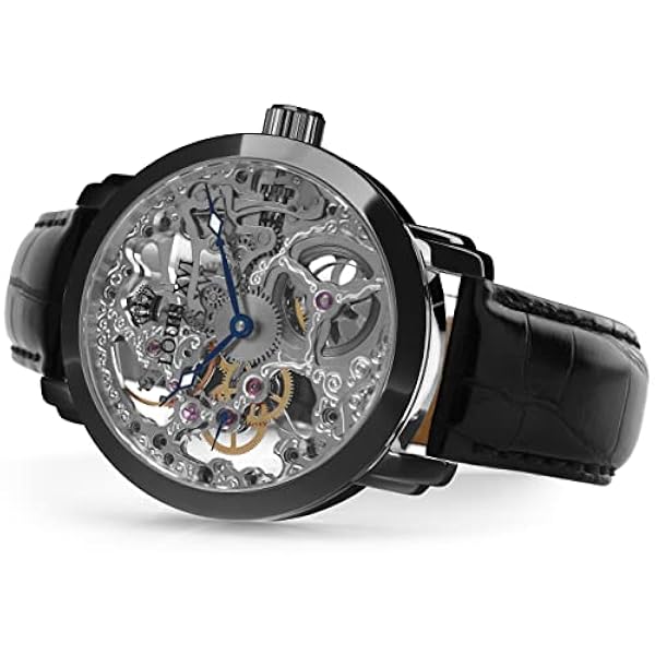 LOUIS XVI Herrarmbandsur Versailles svart handhiss mekanisk skelett analog äkta läder svart 335, svart, Bälte