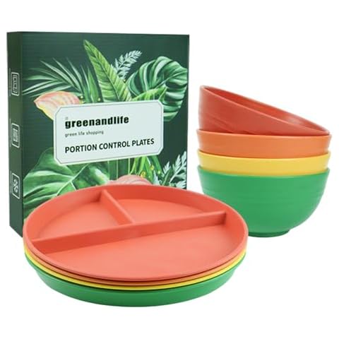 greenandlife 9inch/4pcs Portion Plates + 24oz/4pcs Bowls, Unbreakable Microwave Safe Reusable Lightweight Plates and Bowls Sets Dishwasher Safe Dishes for Outdoor Camping RV, Orange Series Cover