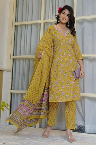 Image of MIRCHI FASHION Pure Cotton Women Straight Printed Embroidery Work Kurti Set with Dupatta and Pant