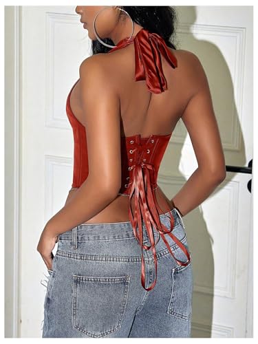Image of WDIRARA Women's Punk PU Leather Halter Top Grommet Eyelet Tie Front Corset Crop Top