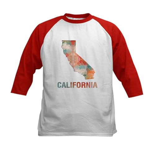 CafePress Mosaic Map California Baseball Jersey Kids Cotton Baseball Jersey, 3/4 Raglan Sleeve Shirt Red/White