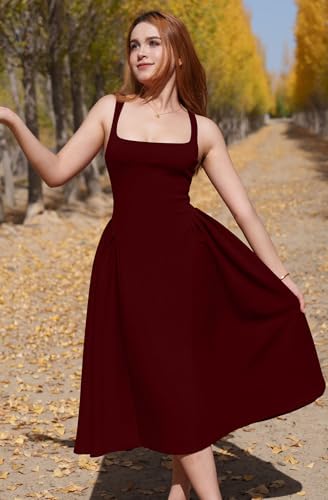 Image of Memoriesea Women's Elegant Square Neck Swing A Line Wedding Evening Party Midi Dress