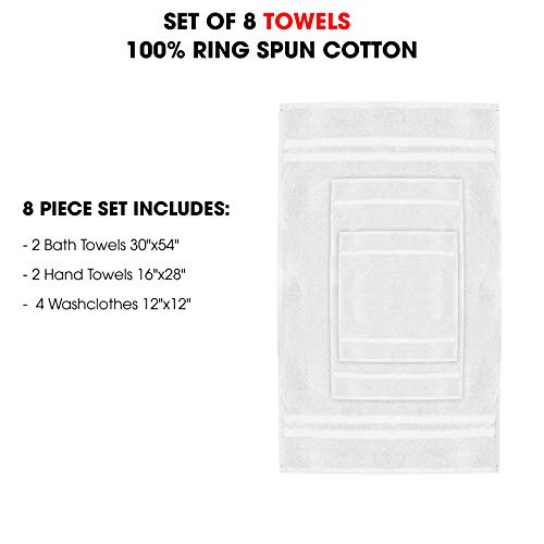 Talvania Bath Towel Set - Luxury Hotel Bath Towels 100% Ring Spun Cotton 8 Piece Towel Set; 2 Bath Towels, 2 Hand Towels and 4 Washcloths Perfect for Bathrooms, Guest Room, Spa or Hotels (White)