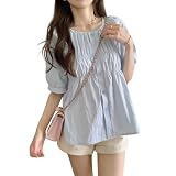 [Vincent house] ブラウス レディース パフスリーブ ボタン カウルネック 半袖 トップス 前開き シャツ ゆったり 夏 シンプル 通気 薄手 ギャザー カジュアル おしゃれ 無地 日常着