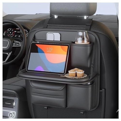 Singring Leather Car Backseat Organizer with Foldable Table Tray, Waterproof Car Seat Back Protectors Kick Mats, Foldable Car Table for Backseat Headrest with Pockets