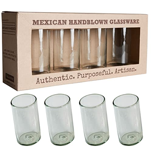 Verve CULTURE Mexican Highball Drinking Glasses, Unique Handblown Glassware, Clear Glass Cups for Cocktails, Juice, Mixed Drinks, Elegant Tabletop Drinkware, Set of 4, 16 oz. Each