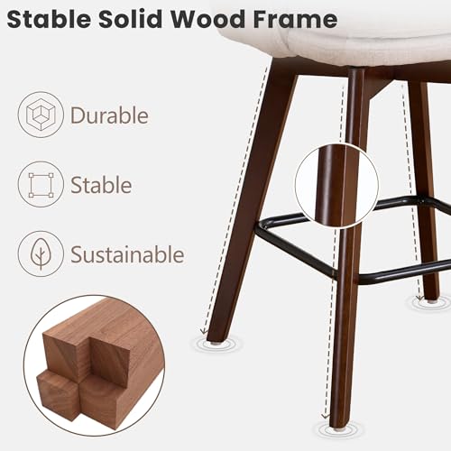 Butacos de altura para barra Rowill, giratorios 360° con respaldo curvo y reposabrazos, patas de madera maciza, tapizados en tela chenilla, estilo moderno para isla de cocina (Beige, asiento de 26", juego de 2) miniatura 6