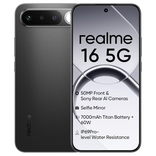 Image of realme 16 5G Smartphone 8+256GB, Battery 7000mAh, Front Camera 120Hz AMOLED Display, MediaTek Dimensity 6400 Turbo Processor, IP69, Air Black