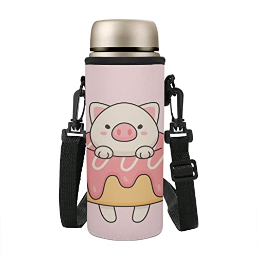 COEQINE Pink Pig Doughnut Print Cute Water Bottle Carrier Bag Adjustable Shoulder Strap for Kids Adult Hiking Walking School Insulated Water Bottle Sling Holder Bag - Image 2