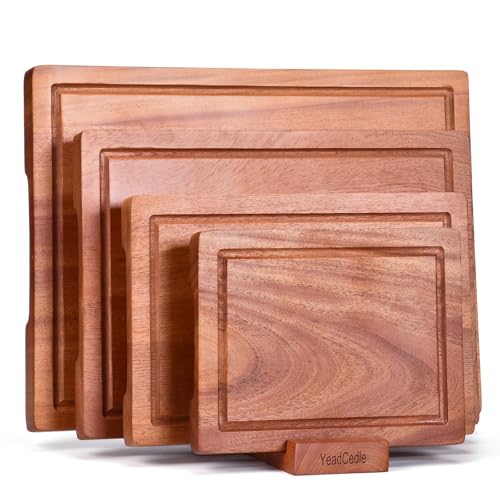 YeadCedle Wooden Cutting Board Set of 4 with Holder Solid Wood Chopping Boards for Kitchen with Juice Grooves Thick Large Cutting Board (9x7 to 16x12 Inch) for Meat Vegetables Cheese （Brown）