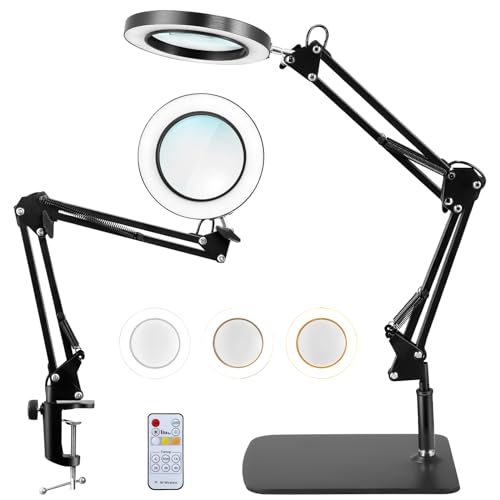 Lupa Con Luz,Lampara Lupa Con Abrazadera Y Soporte,3 Modos De Color,10×Lampara Lupa Led,Brillo Ajustable 10%-100%, Base Estable,Control Remoto,Lupas Con Luz Para Manualidades,Personas Mayores Grandes