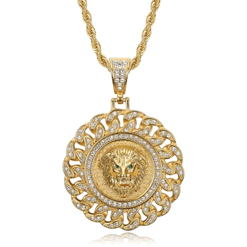 NEGS 18K Gold Plated Roaring Lion Head With Green Red Eyes Pendant Punk Rock Stainless Steel Necklace, 24 Inch Chain For Men Hip Hop Animal Jewelry-I'm the King