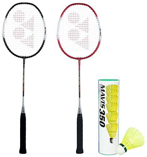 Image of YONEX ZR 100 Light Aluminum Blend Badminton Racquet with Full Cover, Set of 2 (Black /Red) & Mavis 350 Green Cap Nylon Shuttlecock (Yellow)