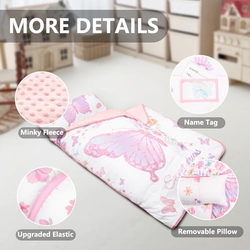 Image of Primlect Thickened Toddler Nap Mat with Removable Pillow and Minky Blanket, Extra Large 55''x35'' Sleeping Bag, Washable, Roll up, Perfect for Daycare, Preschool, Kindergarten, Girls Butterfly