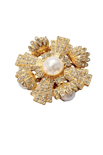 Gold Pearl Brooch for Women | Crystal Studded Floral Statement Pin | Elegant Saree, Blazer & Dress Accessory-image-26