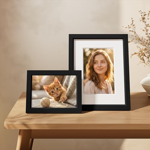 Vittanly Solid Wood 8x10 Picture Frame Set of 4, Picture Frames for Wall or Tabletop, Display 5x7 Photos with Mat or 8x10 without Mat, Black — view 2