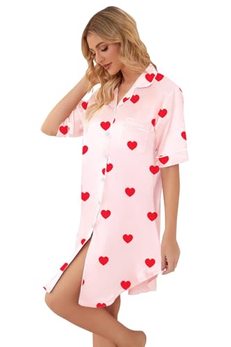 Image of Schbbbta Girls & Women Silk Nightgown, Short Sleeve Button Down Satin Nightshirt Pajama House Dress, 3 Years- Women 2XL