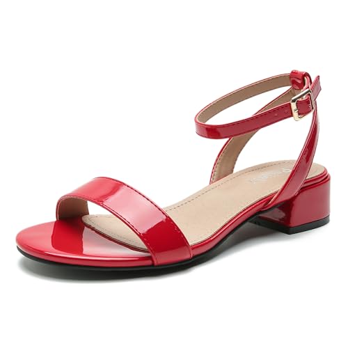 Image of Women's Ankle Strap Sandals, Low Block Heel, Open Toe Summer Dress Shoes with Buckle Closure