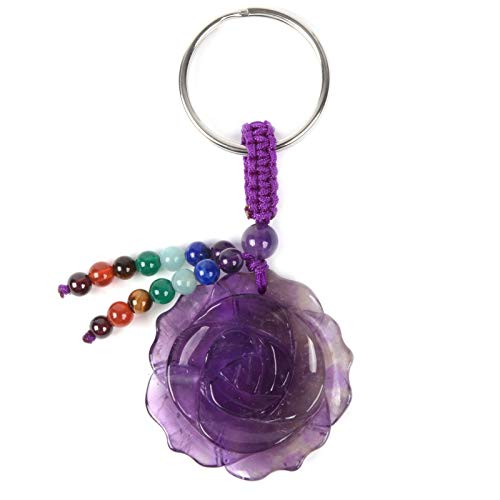 Natural Amethyst Gemstone Flower 7 Chakra Reiki Tassel Healing Keychain Bag Charm Pendant 3.1 Inches