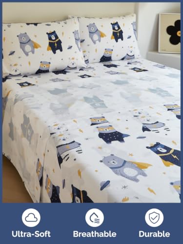 Image of Kids Full Size Bear Bed Sheets - 4 Piece Kids Bear Sheet Set - Comic Hero Bedding - Ultra-Soft, Cute & Cozy - Breathable & Machine Washable - Wonderful Brave Bed Set for Boys, Girls, Teens & Toddlers