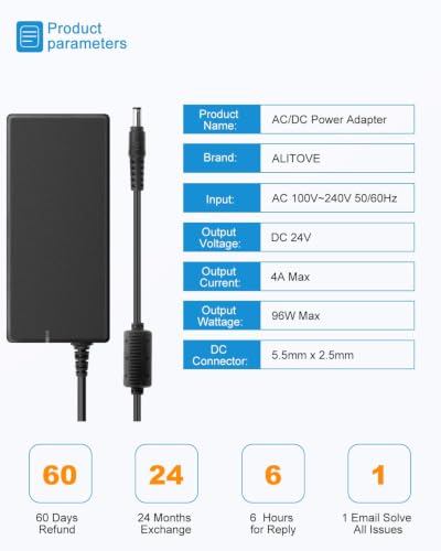 ALITOVE 24V Power Supply 4A 96W AC/DC Adapter 100-240V AC to DC 24 Volt Converter 4amp 3.75A 3.5A 3A 2.5A Transformer 5.5x2.5mm for AMS-2-Pro LED Strip CCTV Camera LCD Monitor Massage Chair - Image 3