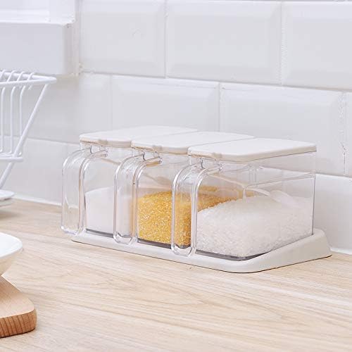 Poeland Clear Seasoning Box, 3 Pieces Clear Seasoning Storage Container for Spice Salt Sugar Cruet, Condiment Jars with Spoons