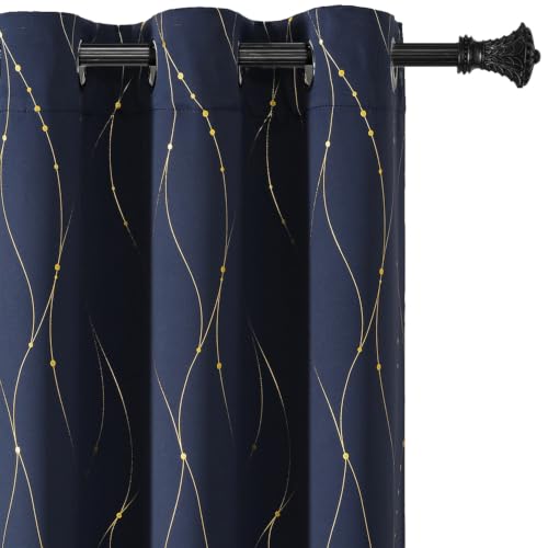 BUHUA Navy Blue Luxury Floor Blackout Curtains, 26 x 84 Inch Set of 2, Wave Line Dot Gold Foil Print, Thermal Noise Reducing Privacy Panels for Tall Window, Master Bedroom