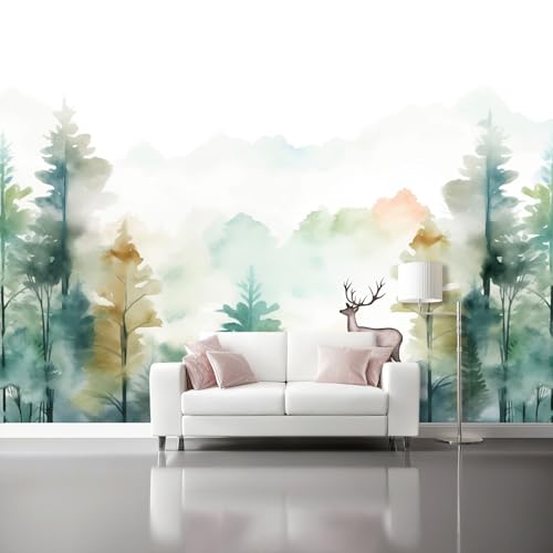 Papel Pintado Pared 150 x 105 cm - Acuarela Bosque Animales Papel pintado Verde Mural de Arte Decoración para Comedores Salones Habitaciones Sala Cuarto Oficina Salón