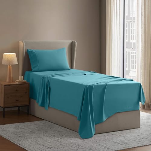 Image of Nestl Twin XL Bed Sheet Set - Teal - 3-Piece Deep Pocket | Instantly Soft, Night-One Ready (No Wash Required). Fits 16-Inch Deep Pockets, 360-Degree Elastic Grip