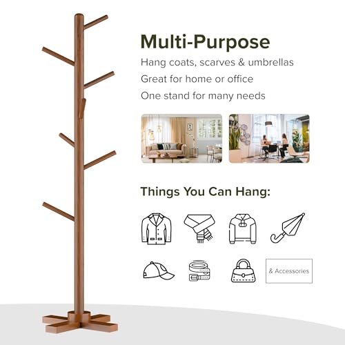 Image of Kuber Industries Wooden Freestanding Coat Hanger with 6 Hooks | Multipurpose Hanging Pole Rack Clothes Shelf | Ideal for Scarf, Bags & Hat | Brown
