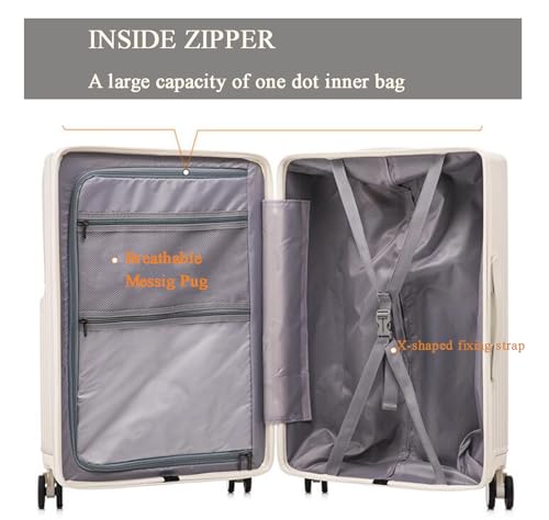 Hard Case with Front Opening, Carry-On Suitcase Hand Luggage Trolley 100% ABS Suitcases with USB Port, Beverage Holder and 4 Double Swivel Wheels,White,24in3