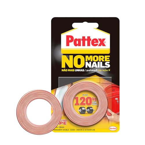 Pattex No More Nails Mounting Tape | All Purpose Double-Sided Foam Tape | Compatible with Mirror Metal Wood Bricks Stone Tiles & More | Capacity: Upto 120kg/ Roll | 19mm x 1.5m Roll (Pack of 1)