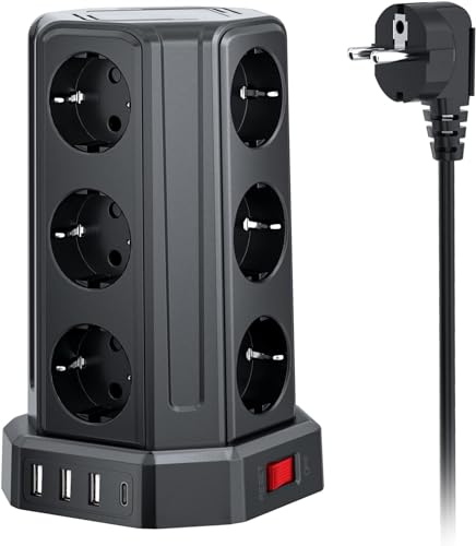 Sameriver 12 Fach Steckdosenleiste Steckerleiste mit 5M Verl&auml;ngerungskabel，4 USB Mehrfachsteckdose mit &Uuml;berspannungsschutz，Steckdosenturm Mehrfachstecker f&uuml;r Zuhause,B&uuml;ro