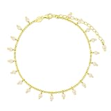 Tobillera en Plata de Ley 925m chapada en oro con 21cm. piedras rosas colgantes