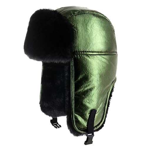 Metallic Color Trapper Hat Warm Winter Aviator Hat Soft Fur Lining - Stylish Cozy Cold Weather Headwear for Men and Women (Metallic Green)