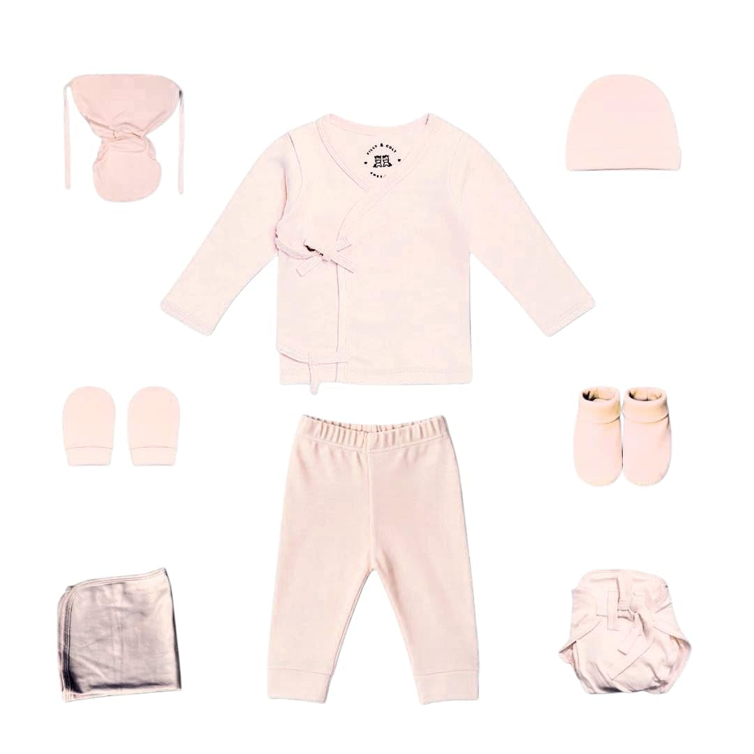 FILLY AND COLT "Sterilized Infant Kit – 9 -Piece Set| Includes Smart knot Top, Pant, Cap, Mittens, Booties, Layered nappy and Towel for unisex |100% cotton (PINK, 0-4Months, 2.5 kg to 5.5 kg) 1